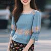 Women Casual Square Collar Summer 3/4 Sleeve Ethnic Print Blouse