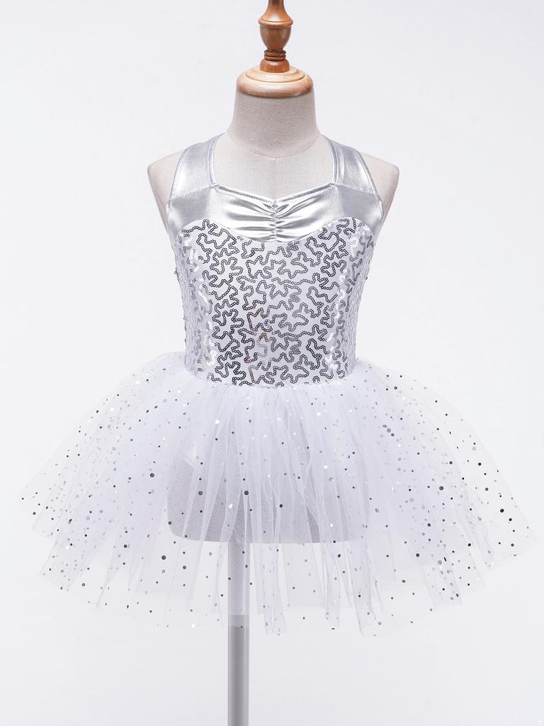 Девочки Бесрукавное Танцевальное Платье с Блестящими Пайетками, Перекрещенной Спиной и Юбкой из Сетки-пачки