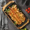 Cast Iron Rectangle Shape Restaurant Barbecue Plate Steak Sizzling Hot Pan Plate with Wooden Base Teppanyaki Grilled Fish Tray