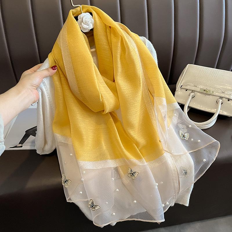 Женская мода Бабочка Вышитый шарф Однотонный Шелковый Льняной Платок Шарфы Летние Женские Банданы Платки Хиджаб
