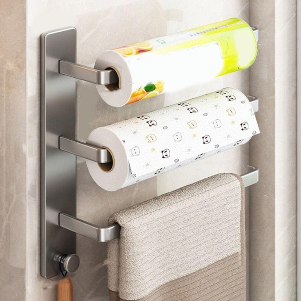 Wall Mounted Roll Paper Storage Rack No-Drill Cling Film Storage Rack Paper Towel Holder Kitchen