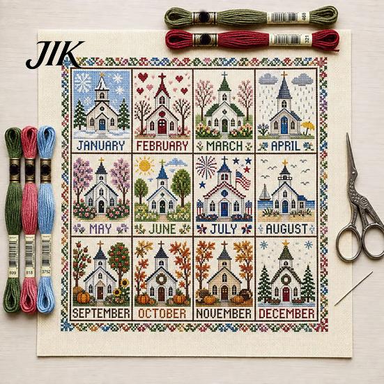 Full Set Embroidery Thread Fabric 12-Month Cross Stitch Kit, DIY Four Seasons Seasonal Complete Needlework Supplies for Adults Stamped Stitching Craft
