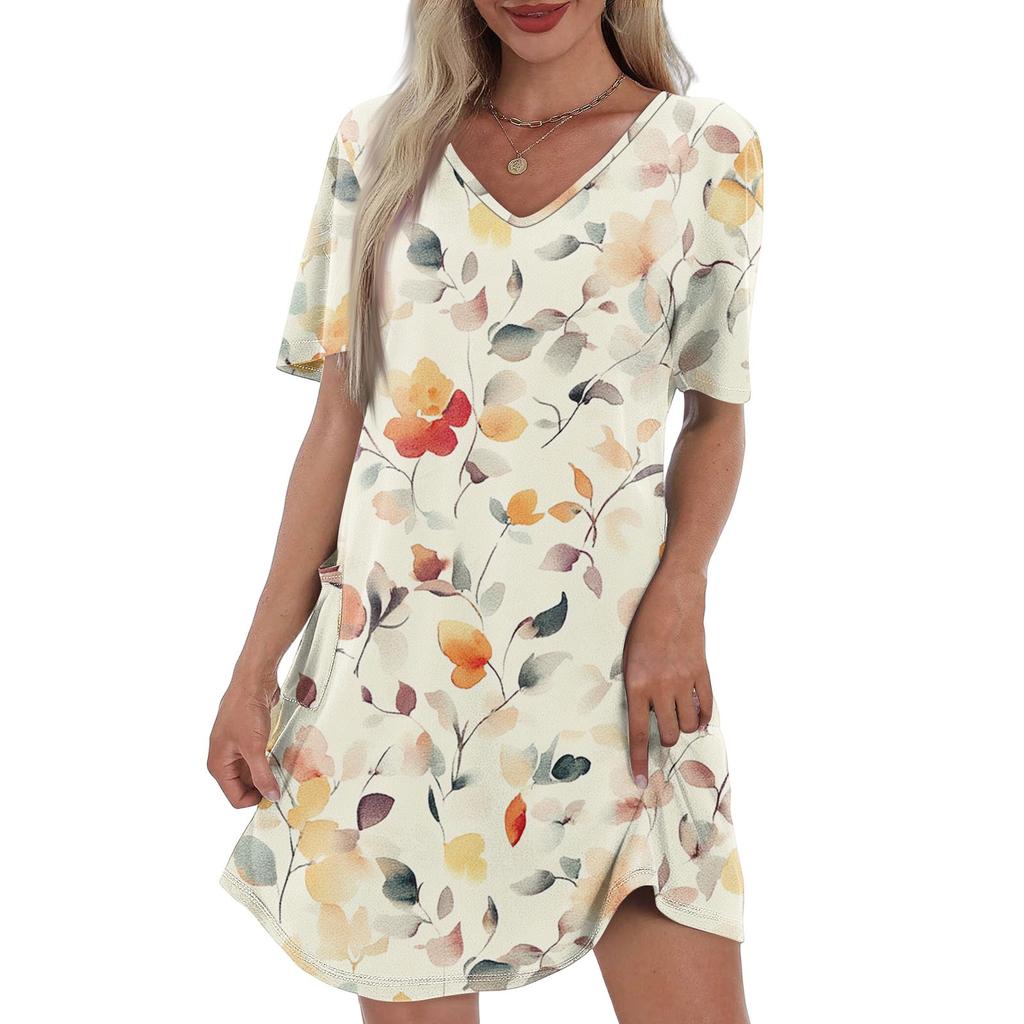 Women's Summer Fashion Casual V-Neck Floral Print Short Sleeve Pocket Dress