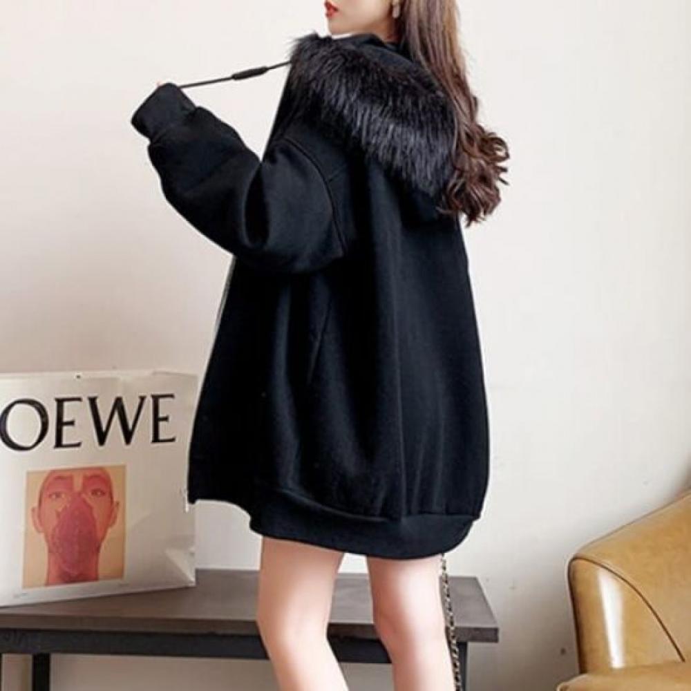 Navava Women Fleece Loose Fit Hooded Zip Up