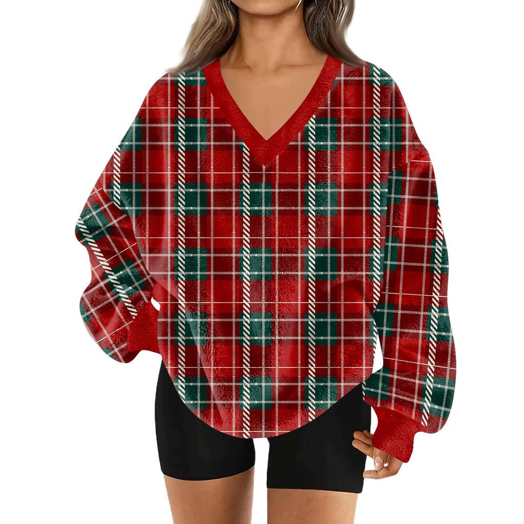 Женский модный пуловер с V-образным вырезом, рождественским принтом, длинным рукавом, повседневный, плюшевый, теплый, с карманом, толстовка, топ