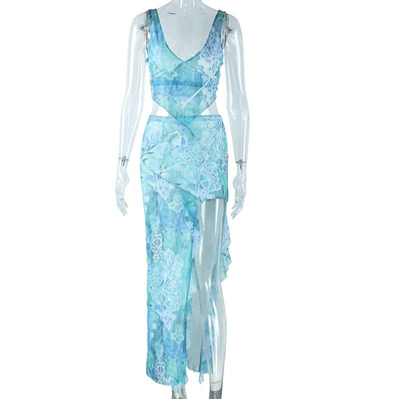 Европейский и американский стиль модный женский принтованный асимметричный топ сексуальный с открытой спиной шнуровка разрез на талии юбка комплект