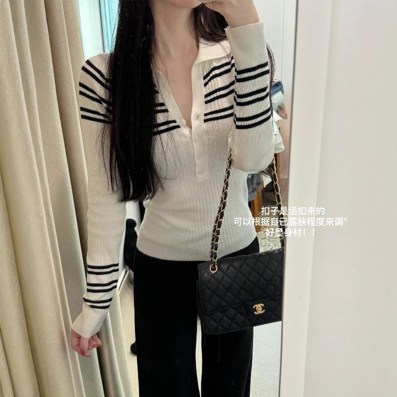 Striped Semi-open Neck Pullover Long-sleeved Polo Knitted Sweater Women's Spring and Autumn New Slim-fitting and Thin Bottoming Top