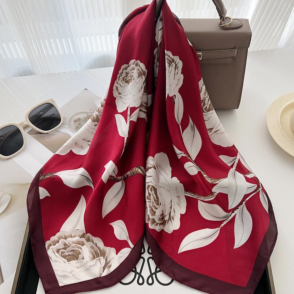 Chinese style wine red camellia small square scarf small fresh silk scarf high sense send mother send elders spring and autumn versatile