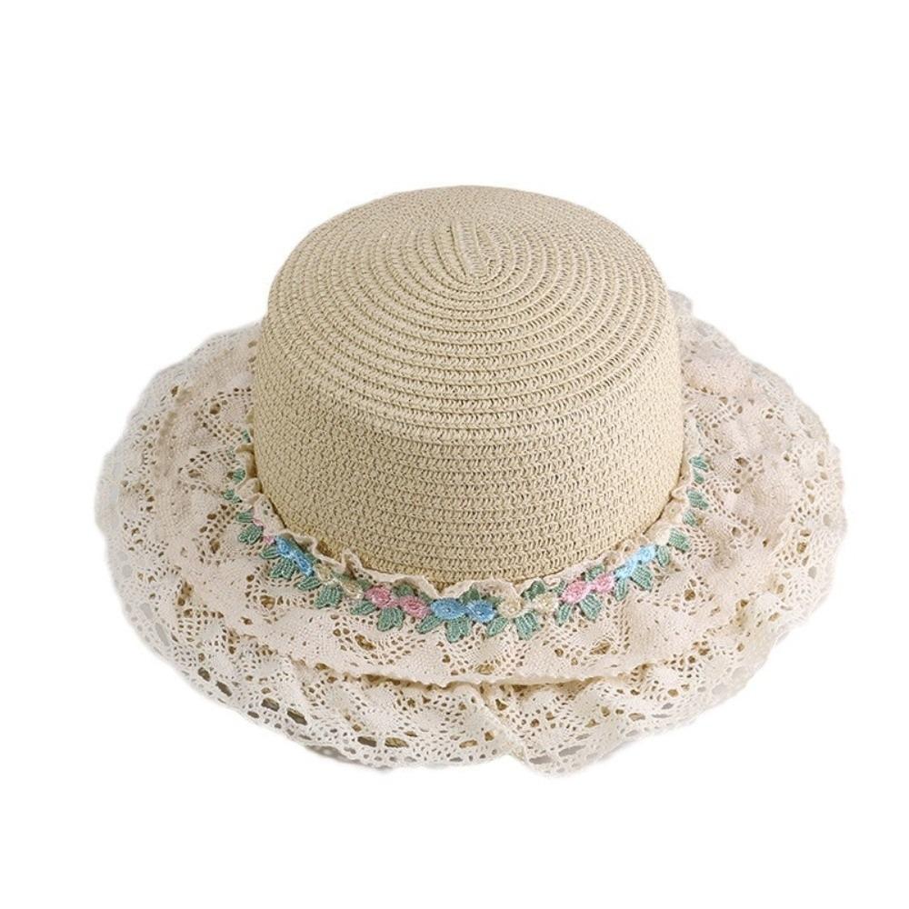 Sun Protection Straw Sun Hat with Lace Trim Beach Sunshade Hat Sweet Lace Ribbon Bucket Hat Summer