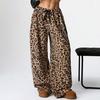Women Casual Trousers Elastic Waistband Drawstring Tie Pajama Bottoms Leopard Print Wide