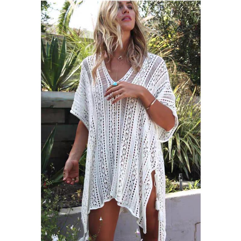 Women's Summer V-Neck Holiday Cover Up Hollow Out Crochet Beach Dresses
