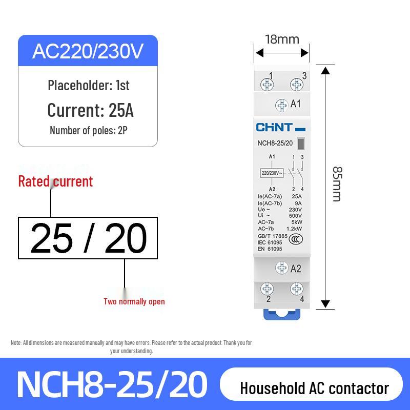 Бесшумный контактор переменного тока Chint NCH8-20/20, однофазный, 220 В, 24 В, на DIN-рейку