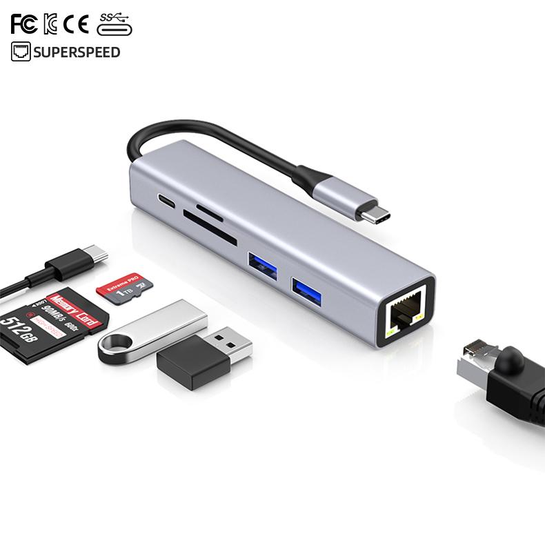 USB hdmi Hub 6 in 1 Usb 3.0 to RJ45 1000Mbps PD Fast Charge SD/TF Card Reader Splitter Usb C Hub Docking Station