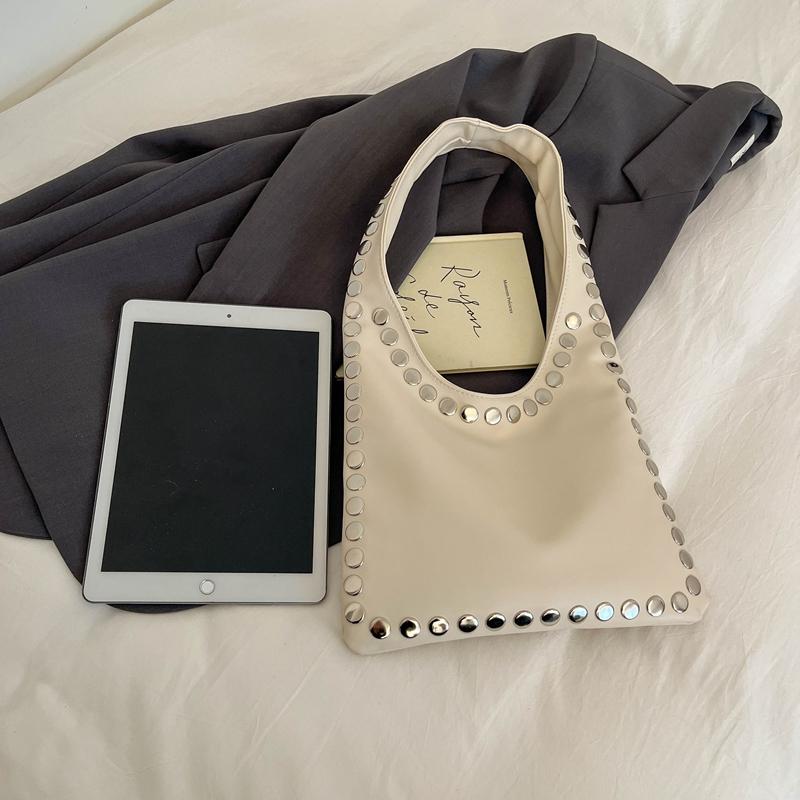 Large Capacity Soft Shoulder Bags Edgy Silver Studded Faux Leather Hobo Bag Youth Punk Style Handbag for Casual Outfits