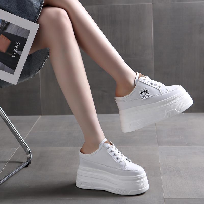 Мода 12 см Женская летняя обувь Слипоны Натуральная кожа Модные женские тапочки на танкетке Платформа Сандалии на танкетке Сандалии