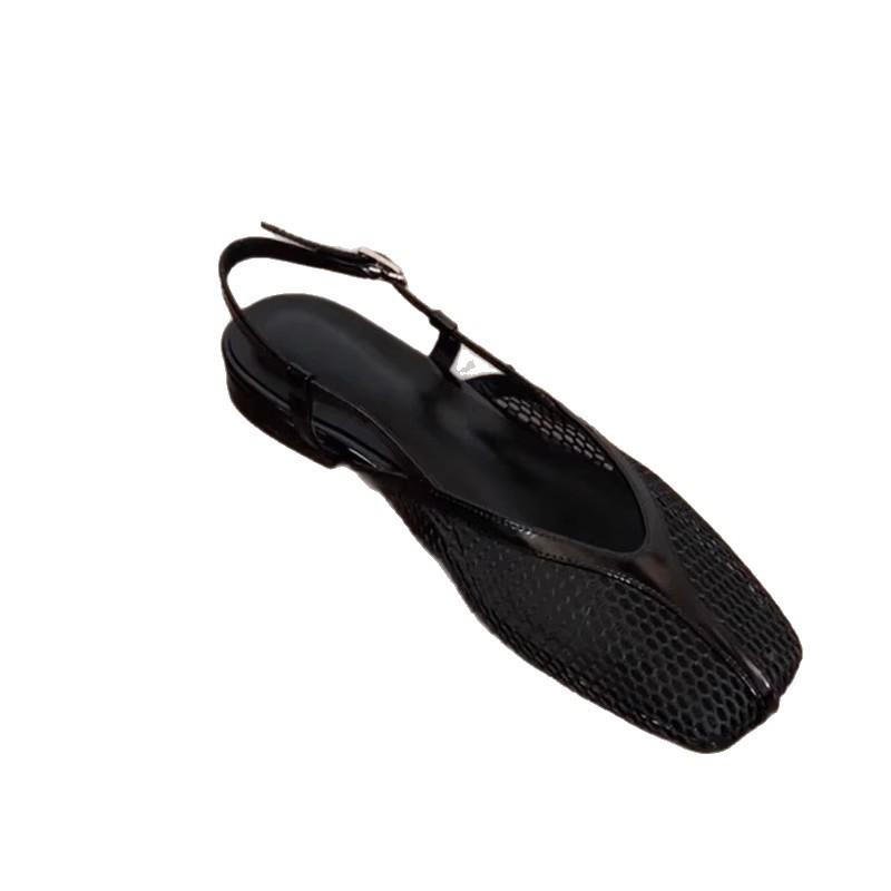 Sheepskin version~ Design sense little fairy mesh one-word buckle with bag head sandals square head low heel Mary Jane cool slippers