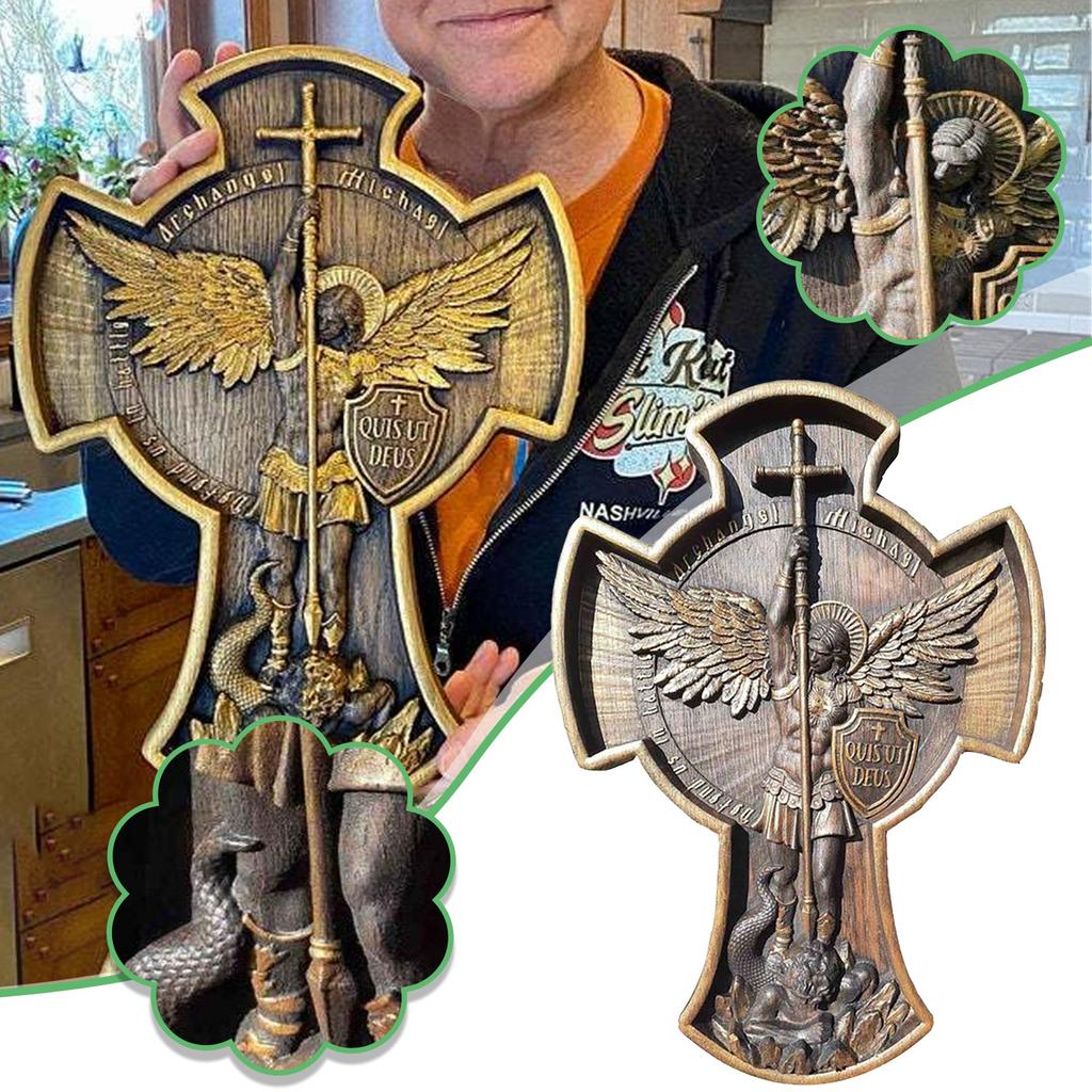 Folulus Archangel Michael Natural Wood Carved Religious  Wooden Gift For H