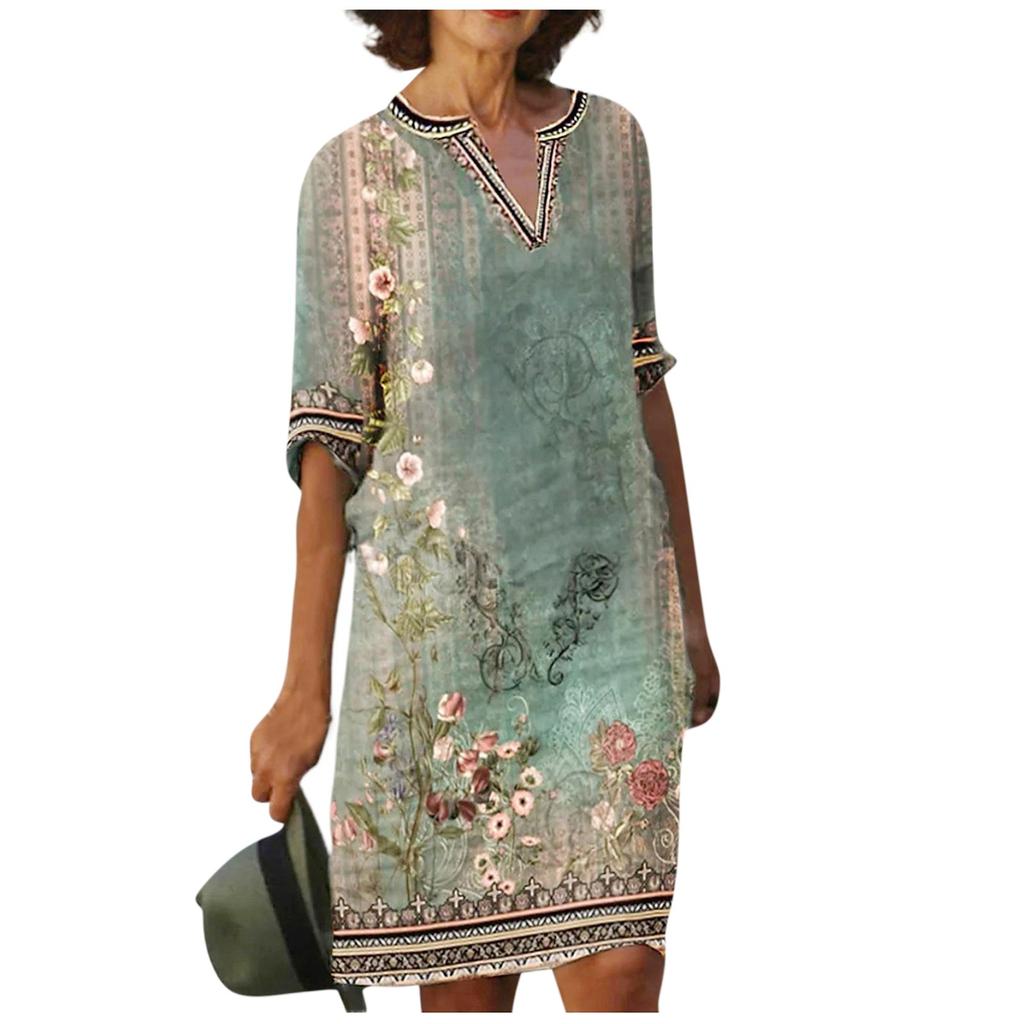 Платья для женщин. Винтажное платье-туника с принтом и талией. Летнее повседневное платье с половиной рукавов.