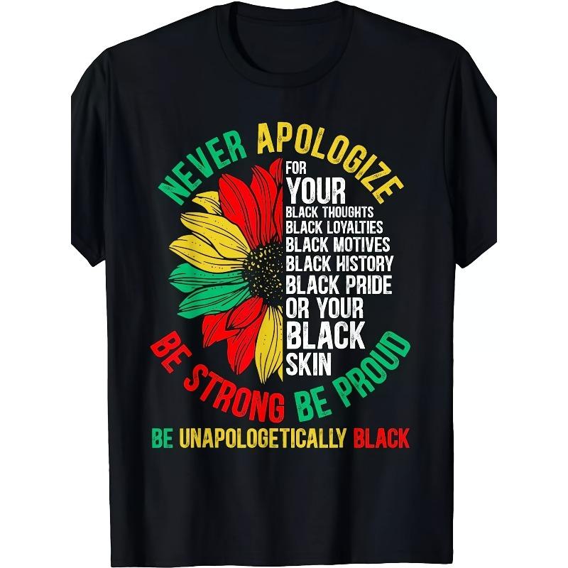 Европейские размеры Мужская футболка большого размера NEVER APOLOGIZE - Смелая черная футболка с ярким дизайном подсолнуха, Отпразднуйте черную идентичность с графическим принтом,