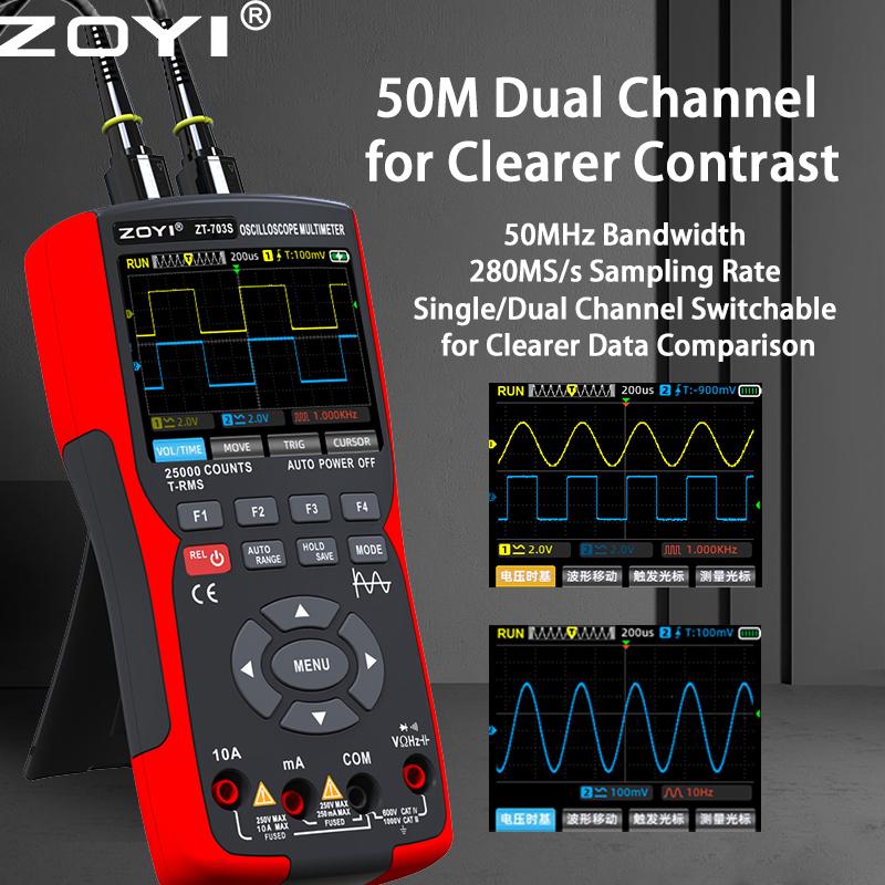 ZOYI ZT-703S Upgrade 50MHz Handheld Digital Oscilloscope Multimeter Signal Generator 3 in 1 Dual Channel Automotive Tools