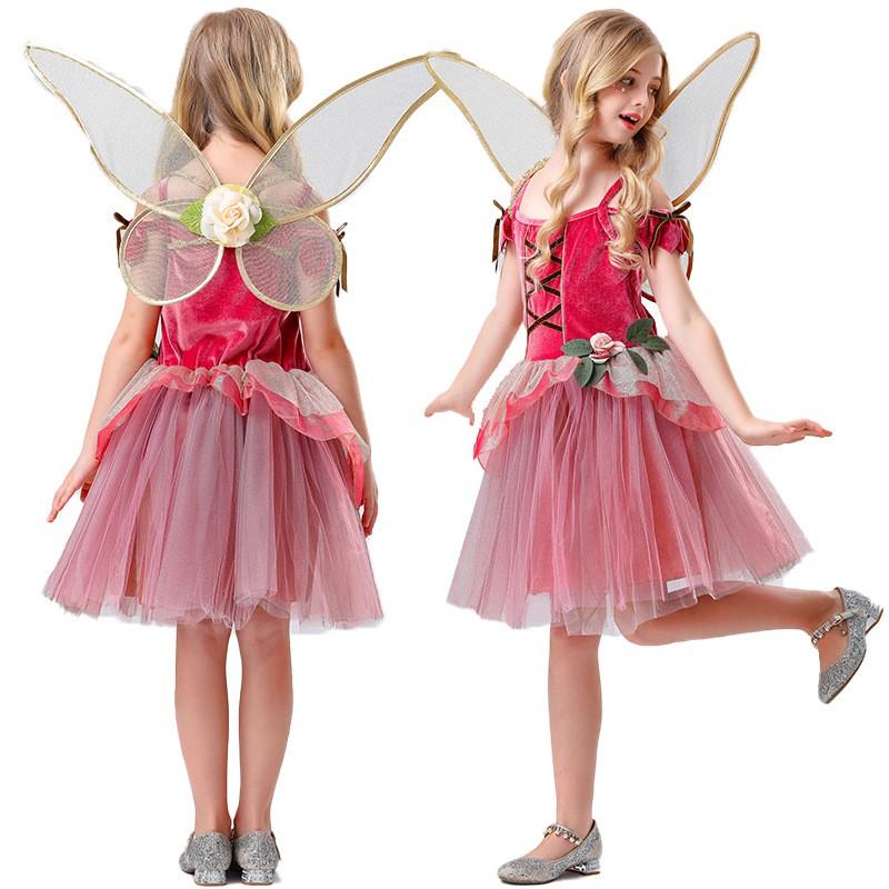 Womens Halloween Costume Set Green Red Fairy Elf Princess Angel Wings Dress Cosplay Outfit Teen Girls