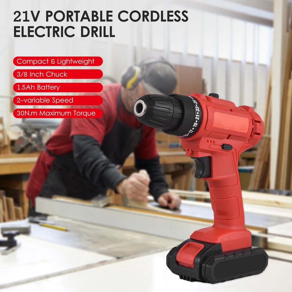 21V Portable Cordless Electric Drill 3Celsius8 Inch Chuck Handheld Power Drill Screwdriver with 1.5Ah Battery  , Bits Sleeves Extension Sha