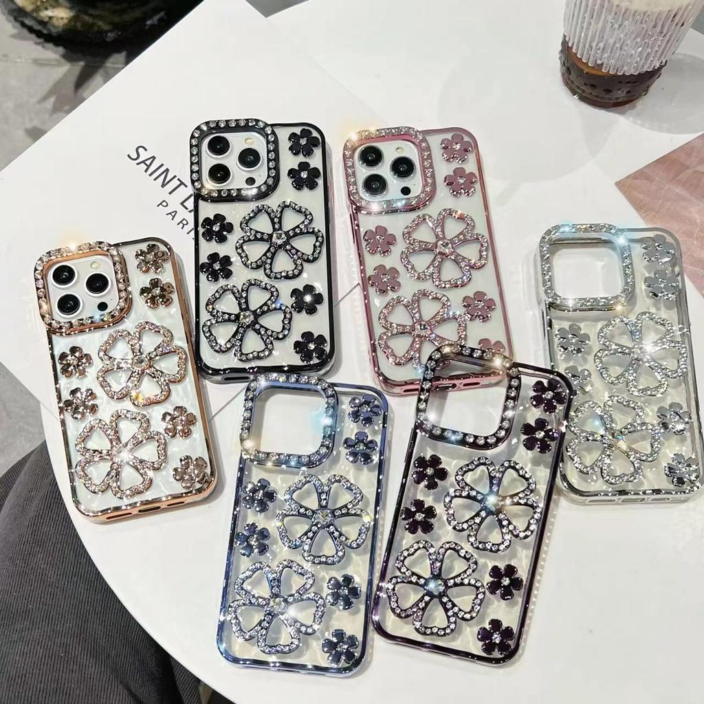 Применимо к чехлу для мобильного телефона iPhone17PROMAX гальваническое покрытие трехмерный инкрустированный бриллиантами цветок Apple 15 всесторонний противоударный защитный c