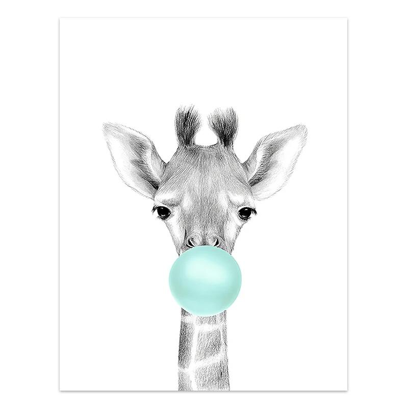 Nordic Kids Room Teal Bubble Elephant Giraffe Child Animal Minimalist Wall Art Print Canvas Painting Posters for Home Decor