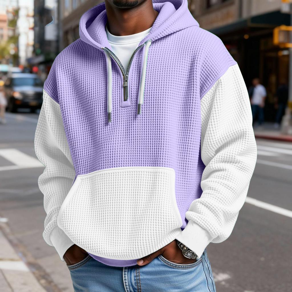 Мужской Модный Трендовый Худи с капюшоном на половину молнии Пуловер Утепленный Флисовая текстура Толстовка