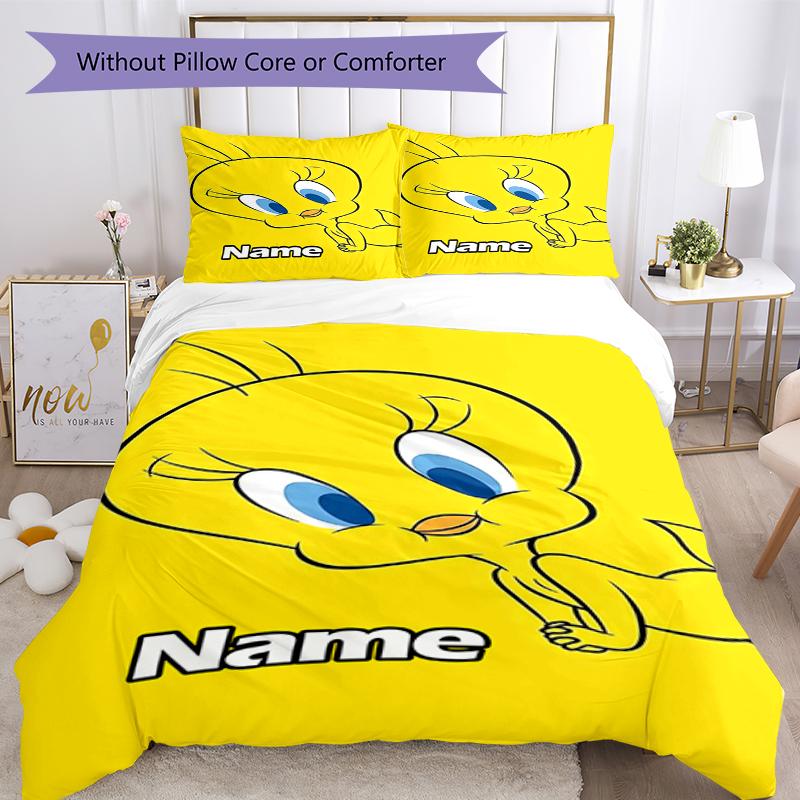 3pcs Custom Name Tweety Bird Bedding Set Duvet Cover Closure Includes 1 Duvet Cover & 2 Pillowcases, Soft and Comfortable for All Seasons.