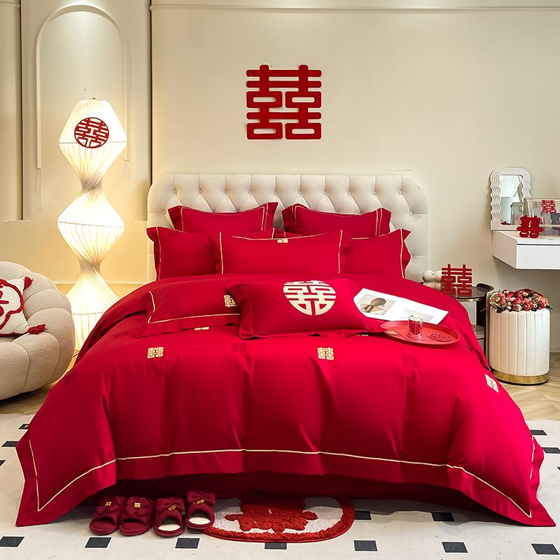 Skin friendly cotton brushed wedding embroidery 4-piece set, big red wedding bed 4-piece set, modern style wedding 4-piece set