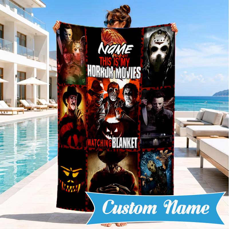 Custom Name Horror Movie Night Beach Towel Microfiber Beach Towel, Lightweight and Quick-Dry, for Summer Travel, Swimming Pool Gift