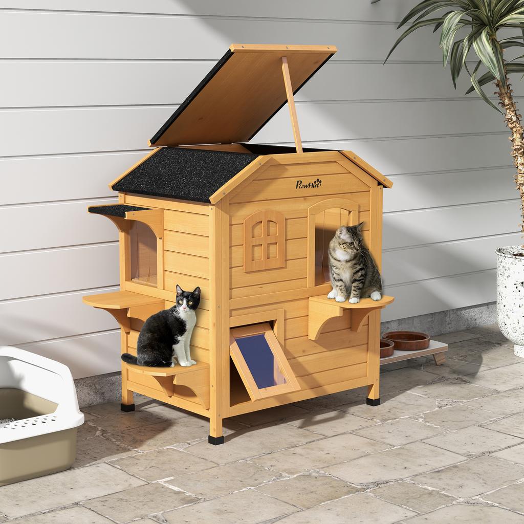 2-story Cat House Outdoor, Weatherproof Wooden Cat Enclosure for Feral Cats with Escape Door, Openable Roof, Jumping Platforms, Natural Wood Finish