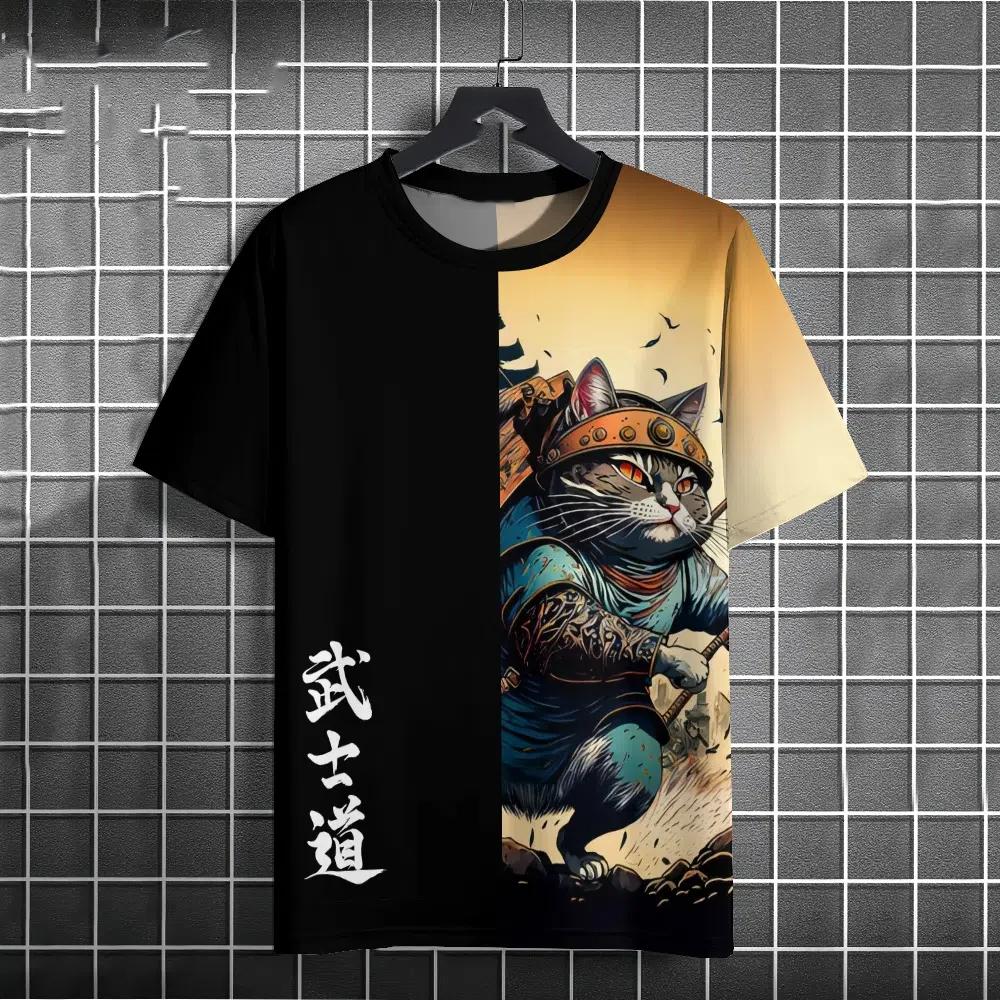 Japanese Anime Samurai Cat T-Shirt For Men 3d Animal Print Short Sleeve Tops Tees Casual T-Shirt Oversized Shirt  Men Clothing