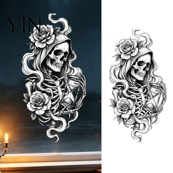 Customizable Glass Sticker Halloween Skeleton And Rose Static Window Clings, Removable Sketch Skull & Easy Install Film Flower Sticker, Waterproof PVC