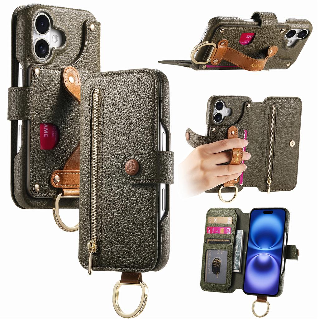 For iPhone 16 Case RFID Blocking Zipper Wallet PU Leather Mobile Cover - Pink