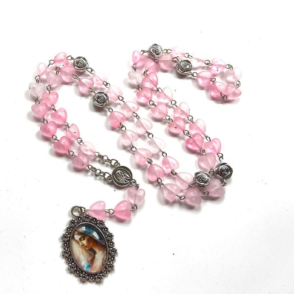 Retro Rosary Beads Chains Multi-color Mary Necklace Fashion Prayer Pendant Women Girls