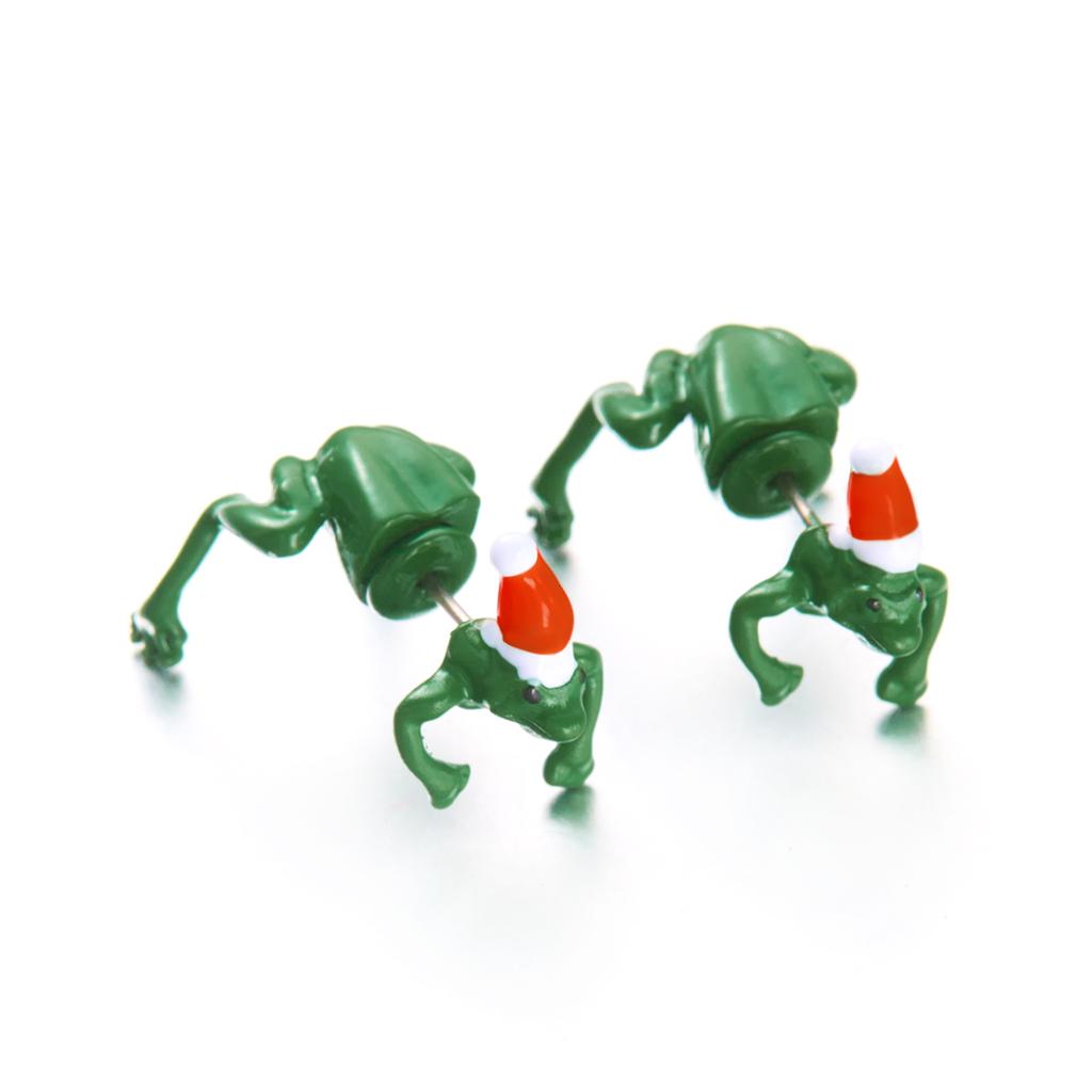 Забавные Милые Зеленые Лягушки Жабы Животные Серьги-гвоздики Для Женщин Мужчин Лягушка Носит Шапку Санты Пирсинг Серьги Рождественская Вечеринка Ювелирные Изделия