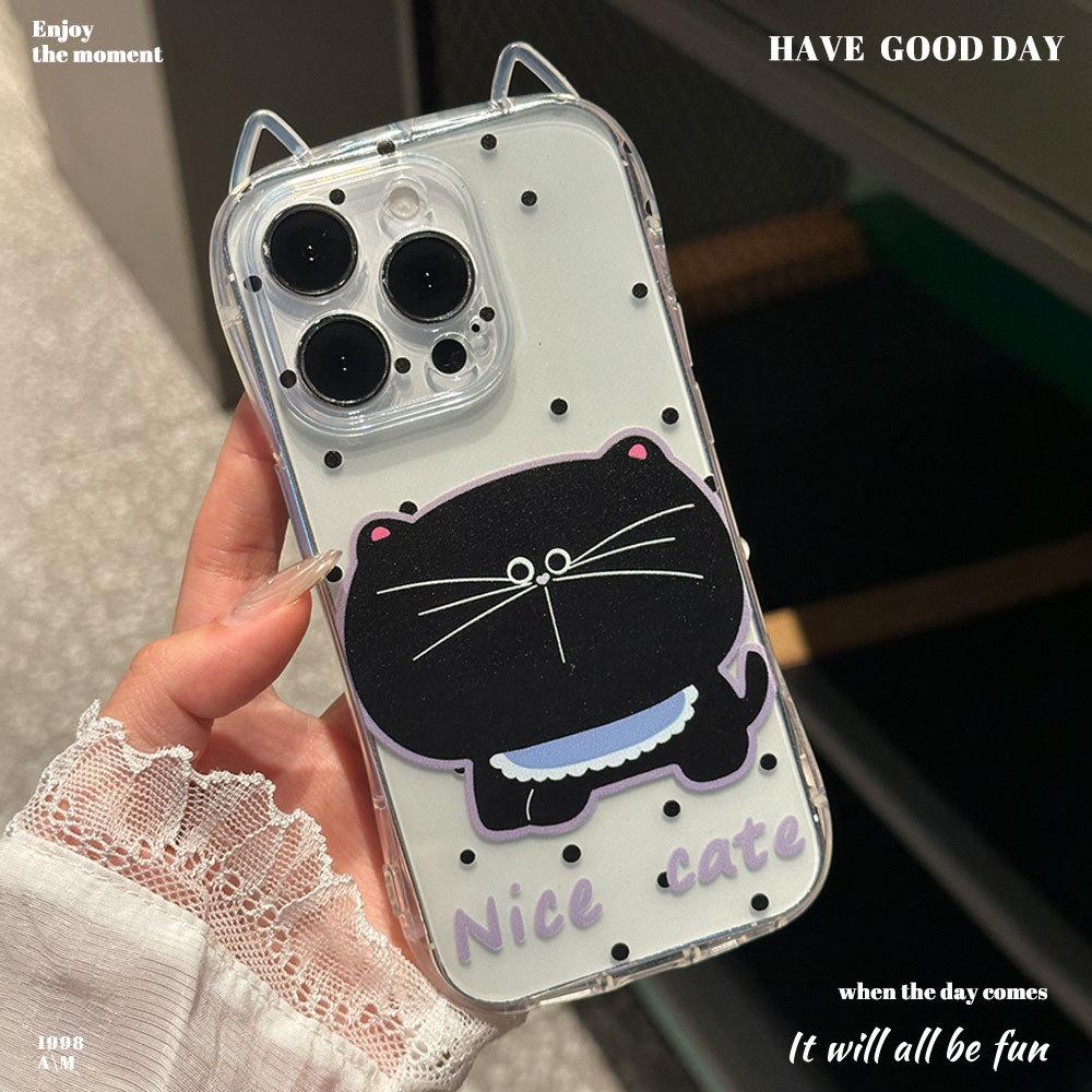 New Model Suitable for IPhone16promax Big Face Black Cat Protective Case Apple 15 Cute Polka Dot Lanyard Mobile Phone Case