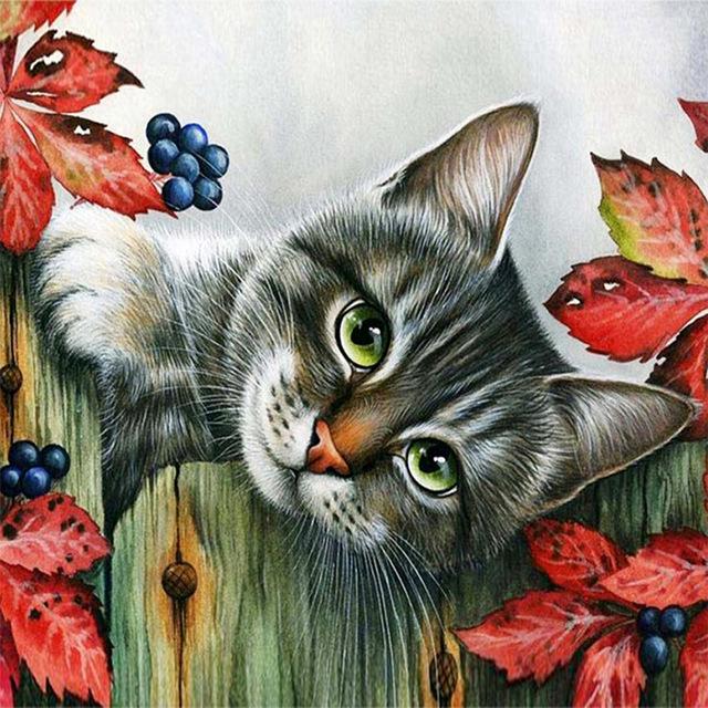 5D Алмазная картина Кошка Изгородь Листья Фрукты Животное Мозаика Круглая Полная Алмазная Вышивка Крестом