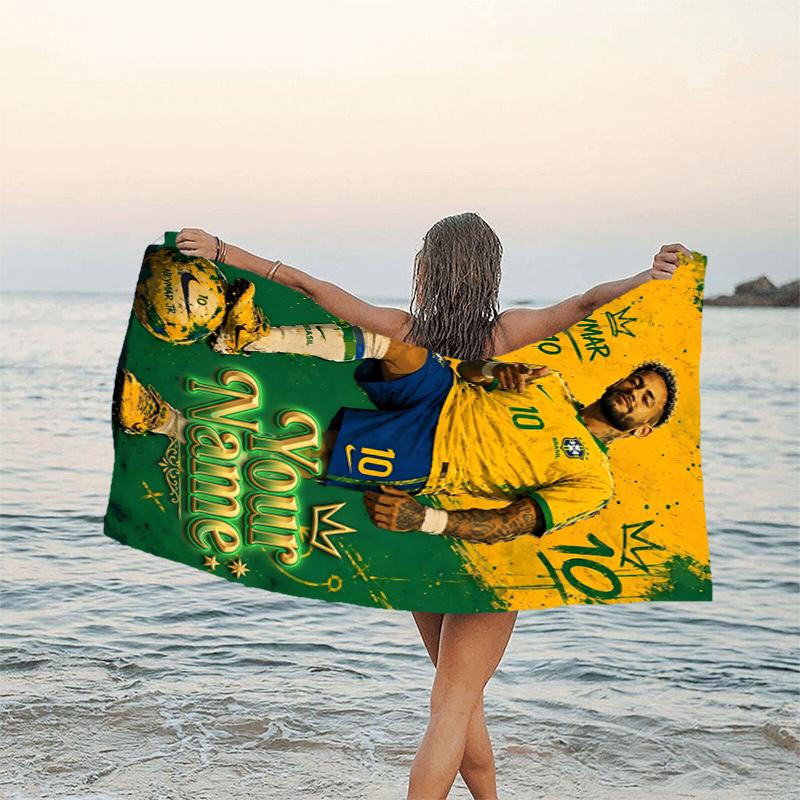 1pc Brazilian football player Beach Towel with Custom Name, Beach and Seaside Swimming Pool Equipment, Fashion Pattern, Rectangular, Travel Essential