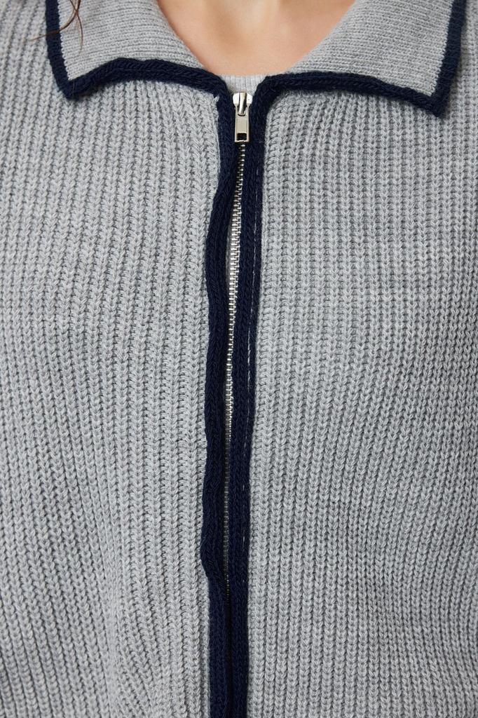 Women's Fashionable Stylish Cardigan Anthracite Ribbed Zippered Knitwear Cardigan