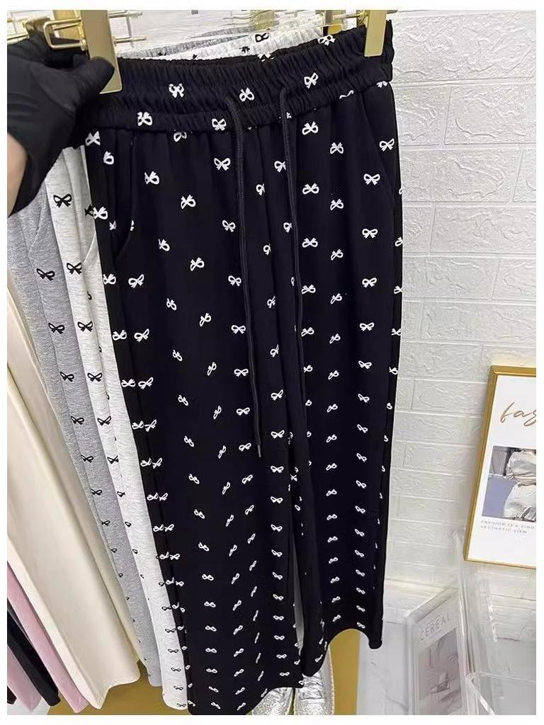 Брюки с высокой талией и широкими штанинами в корейском стиле с принтом бантиков для женщин - Миниатюрные и стройнящие, на начало осени