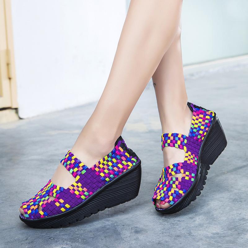 Women's Woven Sandals Summer Sloping Puffy Cake Thick Sole Cloth Fish Mouth Sports Sandals
