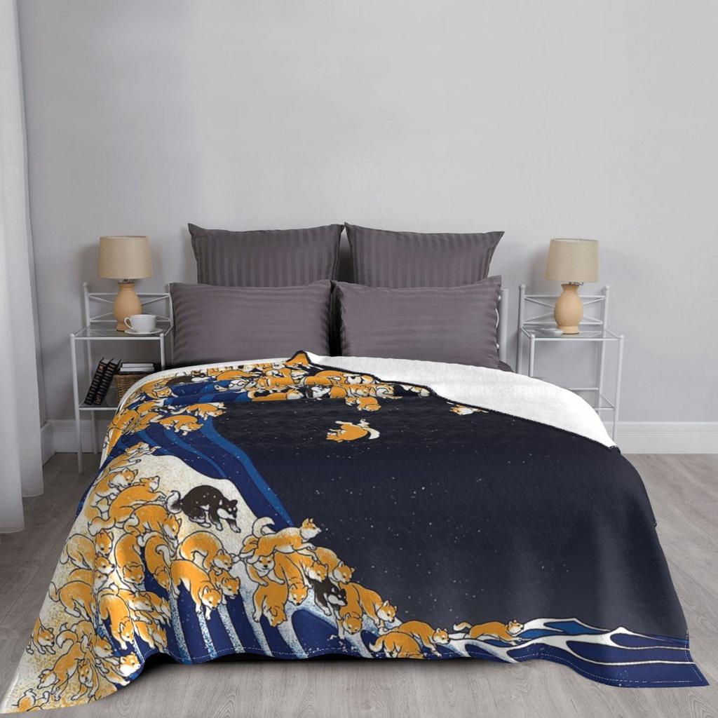 Шиба-ину Великая волна ночью Флисовый плед винтажный собака милый японский Плед для дома офиса Легкий коврик для кровати