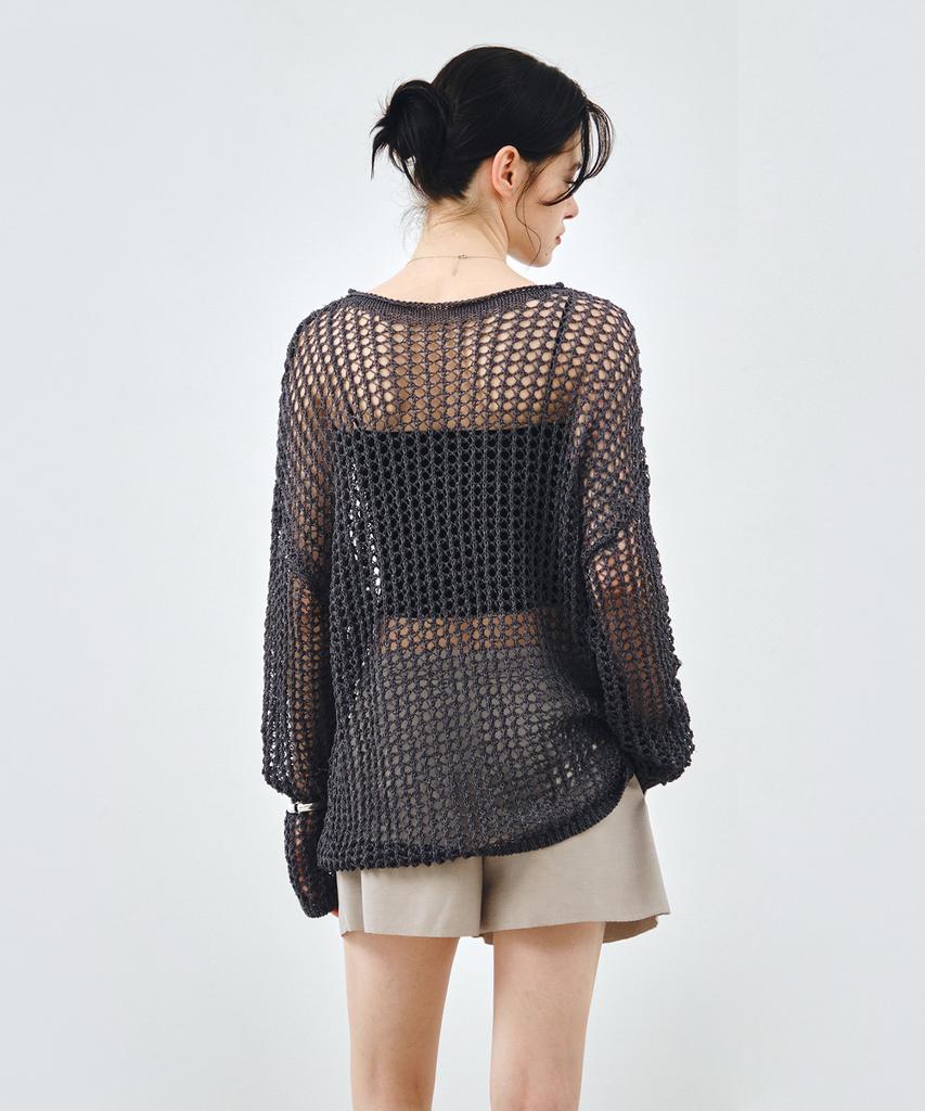 MONGDOL Paper Net See-Through Knit Top Charcoal Mdkt126Charcoal