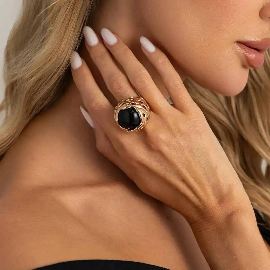 SHIXIN Vintage Hyperbole Irregular Metal Inlaid Resin Thick Textured Round Rings Women Trendy Finger Aesthetics Jewelry Gifts