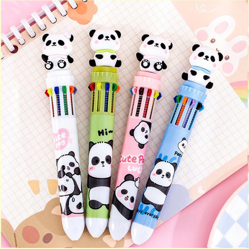 1 Piece Lytwtw's Cute Ballpoint Pen Press Cartoon Panda Multicolor 10 In 1 Colors Stationery School Office Supply Creative Kids