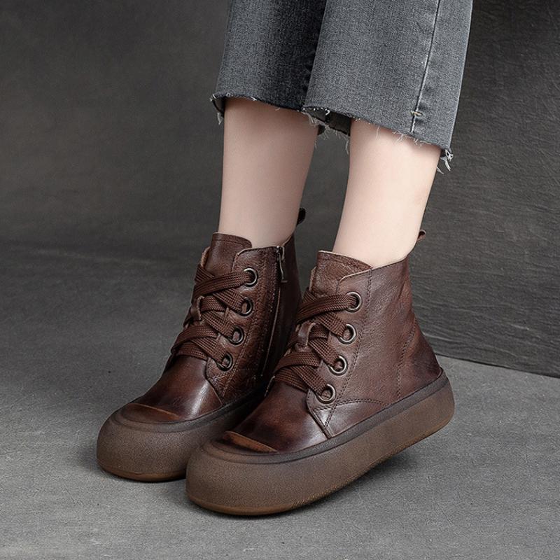 Johnature Женские короткие сапоги из натуральной кожи в стиле ретро, ​​модные универсальные туфли на плоской платформе на толстой подошве