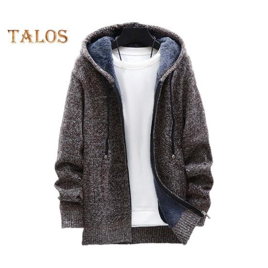 Winter Men Jacket Thickened Fleece Hooded Drawstring Zip-up Long Sleeves Sweater Coat Pockets Elastic Cuff Retro Knitted Daily Wear Outerwear Jacket